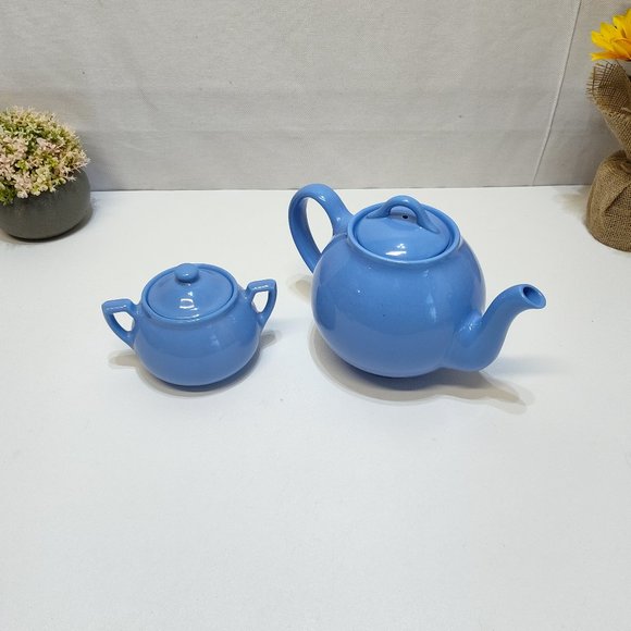 Lipton Tea Hall China Sadler Blue 1940 Ceramic Teapot Sugar Bowl Set Chipped Rim - Picture 1 of 8